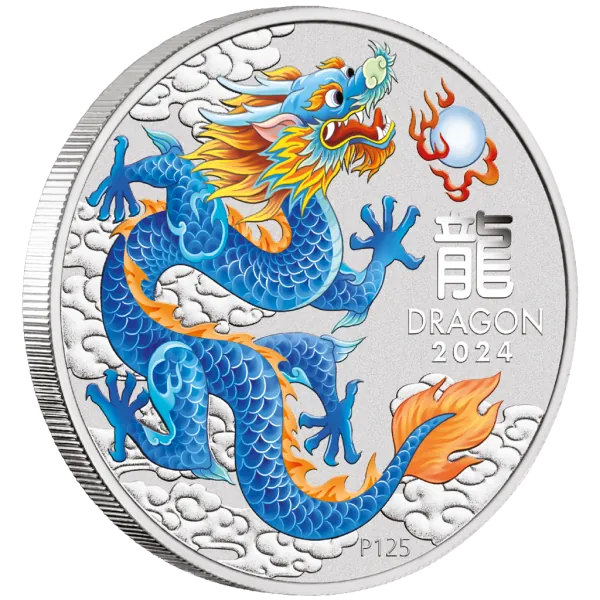 1 Unze Silbermünze Australien 2024 Blister in Farbe ( Blue Dragon ) - Lunar Serie 3 - Motiv: DRACHE | Privy Mark: Perth Stamp & Coin Show 2024