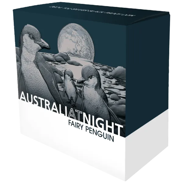 1 Dollar | 1 Unze Silbermünze Niue 2024 in Black Proof | Serie: Australien bei Nacht - Motiv: Zwergpinguin - Fairy Penguin | 10. Ausgabe