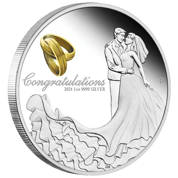 1 Unze Silbermünze Australien 2024 in Polierte Platte vergoldet - Glückwunsch zur Hochzeit