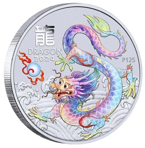 1 Unze Silbermünze Australien 2024 Blister in Farbe ( White Dragon ) - Lunar Serie 3 - Motiv: DRACHE | Privy Mark: Brisbane Money Expo ANDA Special Ausgabe