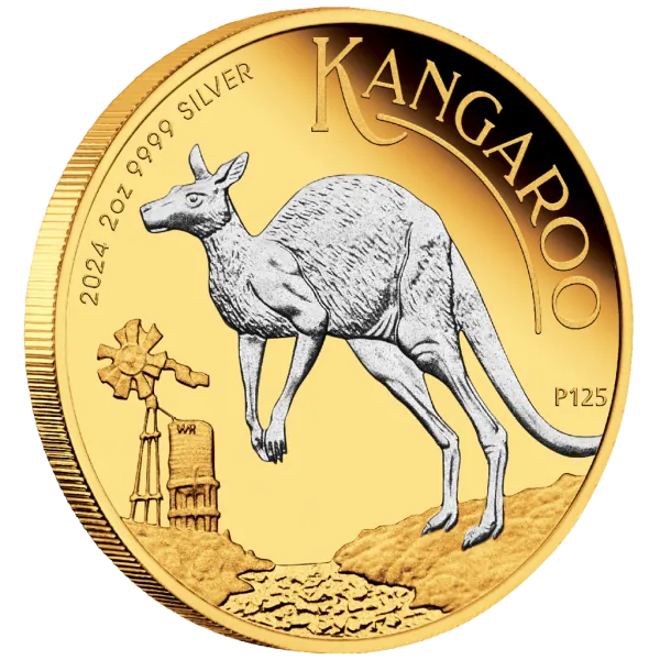 2 Unze Silbermünze Australien 2024 - Känguru Reverse Proof vergoldet im Münzetui und Zertifikat | Perth Mint Variante *