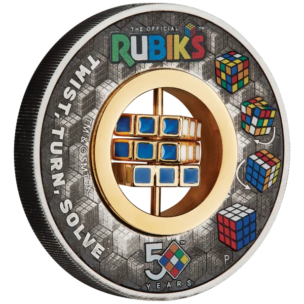 2 Unze Silbermünze Tuvalu 2024 mit Farbe veredelt in Antique Finish | MOTIV: Rubik's™ Cube 50. Jubiläum ( Rubik’s™ Cube 50th Anniversary ) *