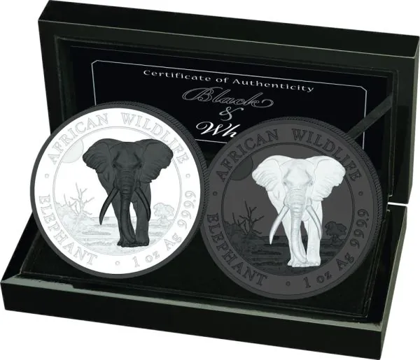 2 x 1 Unze Silbermünzen SET Somalia 2025 - Elefant | Black & White Edition | 9. Ausgabe | Nur 500 Exemplare