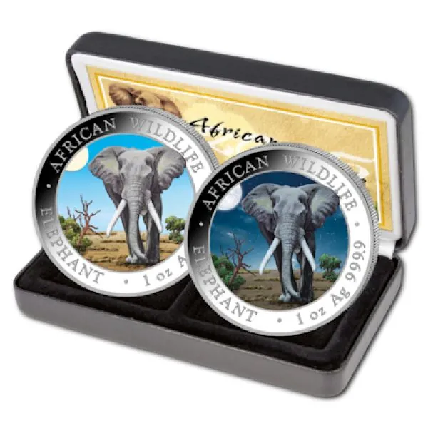 2 x 1 Unze Silbermünze Somalia 2025 SET - Elefant in Farbe | Day & Night