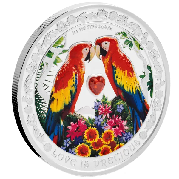 2 Dollar | 1 Unze Silbermünze Niue 2025 in Polierte Platte | Liebe ist wertvoll mit Zirkonia | Love is Precious - Aras Papagei ( Macaws Coin ) *