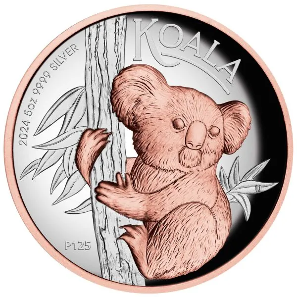 5 Unze Silbermünze Australien 2024 - Koala HIGH RELIEF mit Roségold veredelt in Polierte Platte *