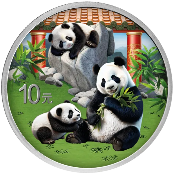 30 Gramm Silbermünze China 2025 - Panda in Farbe | Variante 1 ( Rotes Dach )