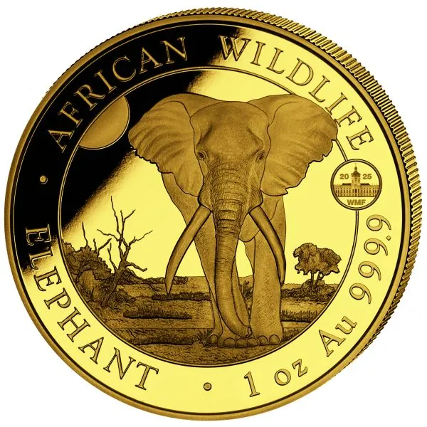 1 Unze Goldmünze Somalia 2025 - Elefant | Privy Mark: World Money Fair Berlin