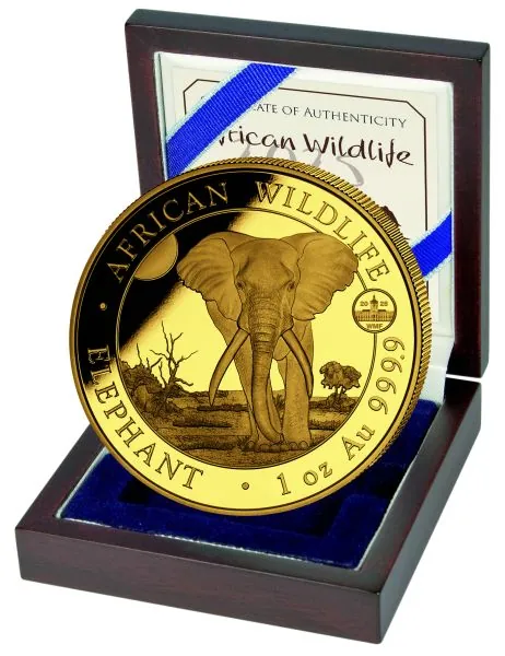 1 Unze Goldmünze Somalia 2025 - Elefant | Privy Mark: World Money Fair Berlin