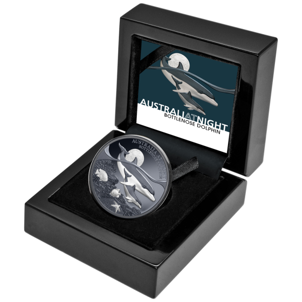 1 Unze Silbermünze Niue 2025 Polierte Platte in Black Proof | Serie: Australien bei Nacht - Motiv: Delfin - Bottenlose Dolphin | 12. Ausgabe *