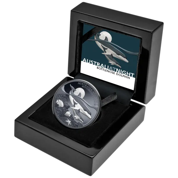1 Unze Silbermünze Niue 2025 Polierte Platte in Black Proof | Serie: Australien bei Nacht - Motiv: Delfin - Bottenlose Dolphin | 12. Ausgabe *