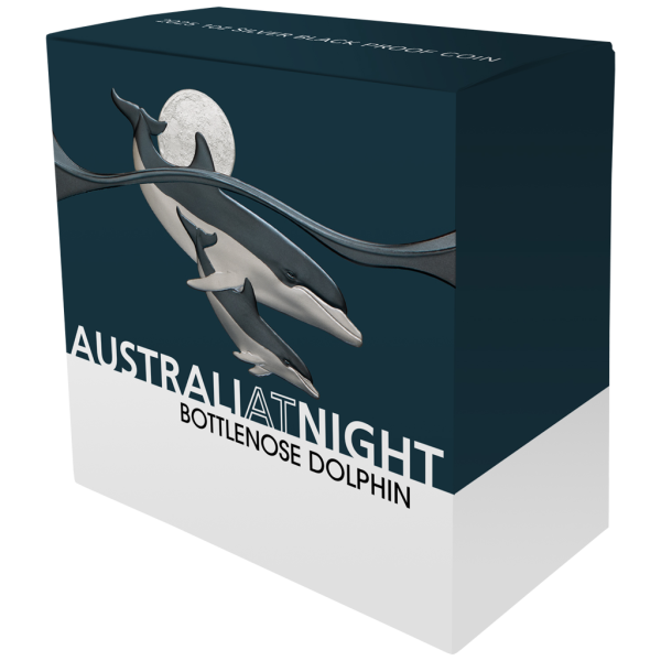 1 Unze Silbermünze Niue 2025 Polierte Platte in Black Proof | Serie: Australien bei Nacht - Motiv: Delfin - Bottenlose Dolphin | 12. Ausgabe *