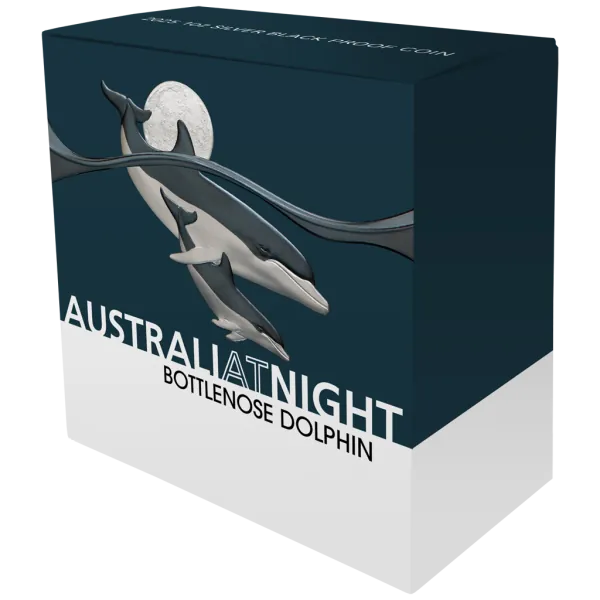 1 Unze Silbermünze Niue 2025 Polierte Platte in Black Proof | Serie: Australien bei Nacht - Motiv: Delfin - Bottenlose Dolphin | 12. Ausgabe *