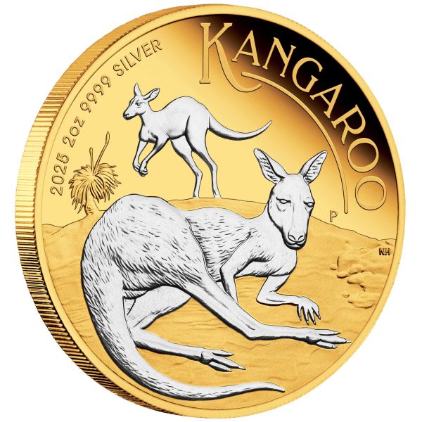 2 Unze Silbermünze Australien 2025 - Känguru Proof Reverse vergoldet im Münzetui und Zertifikat | Perth Mint Variante