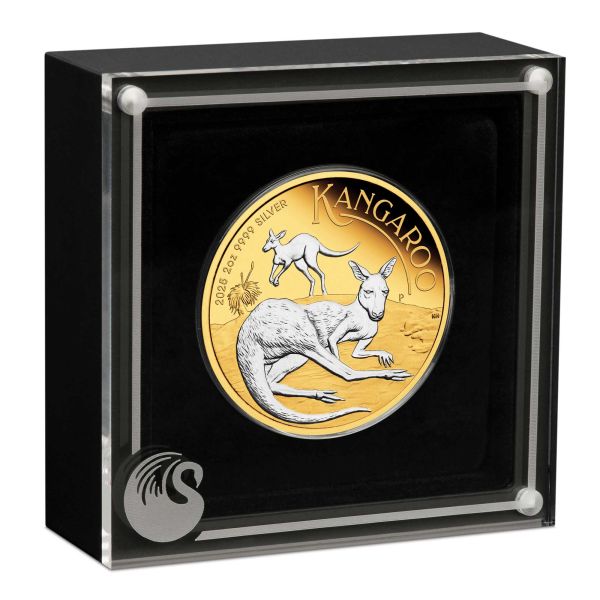 2 Unze Silbermünze Australien 2025 - Känguru Proof Reverse vergoldet im Münzetui und Zertifikat | Perth Mint Variante