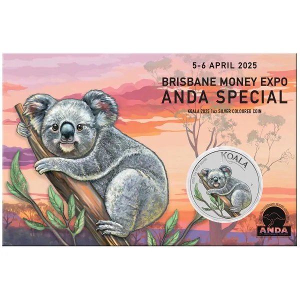 1 Unze Silbermünze Australien 2025 Blister in Farbe - Koala | Brisbane Money Expo ANDA Special