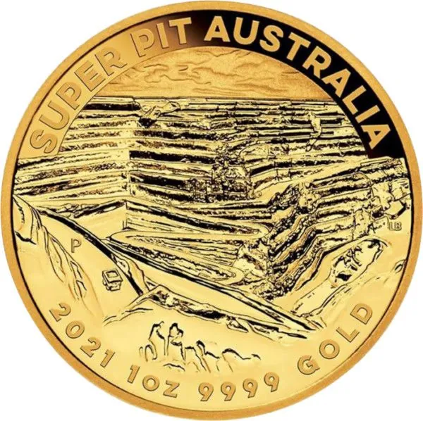 „Goldmünze 1 Unze Australien 2021 mit dem Motiv der Super Pit Goldmine, geprägt von der Perth Mint, Vorderseite mit Queen Elizabeth II, Rückseite zeigt die offene Mine in feiner Detailarbeit.“