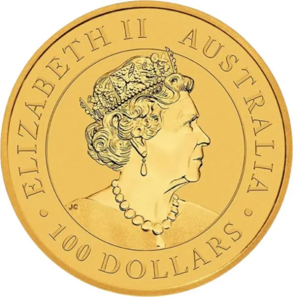 „Goldmünze 1 Unze Australien 2021 mit dem Motiv der Super Pit Goldmine, geprägt von der Perth Mint, Vorderseite mit Queen Elizabeth II, Rückseite zeigt die offene Mine in feiner Detailarbeit.“