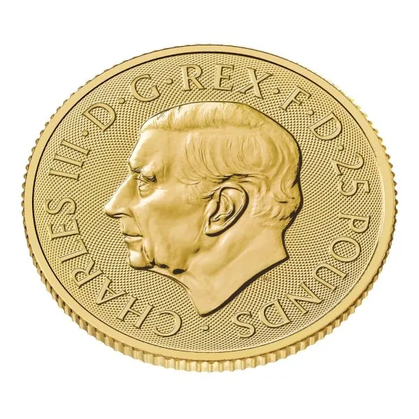 Vorderseite zeigt den majestätischen British Lion mit königlichem Schild, Rückseite mit Porträt von König Charles III., Ausgabeland, Jahrgang 2025 und Angaben zu Feingehalt und Nennwert.