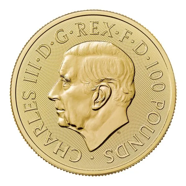 Goldmünze mit Motiv des British Lion auf der Vorderseite, Rückseite mit Porträt von König Charles III., Ausgabejahr 2025 und Feingold-Angaben, limitiert auf 5.000 Stück weltweit.