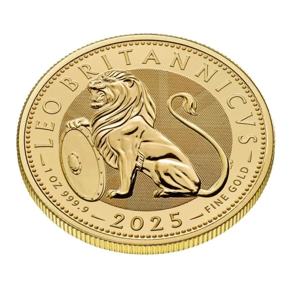 Goldmünze mit Motiv des British Lion auf der Vorderseite, Rückseite mit Porträt von König Charles III., Ausgabejahr 2025 und Feingold-Angaben, limitiert auf 5.000 Stück weltweit.