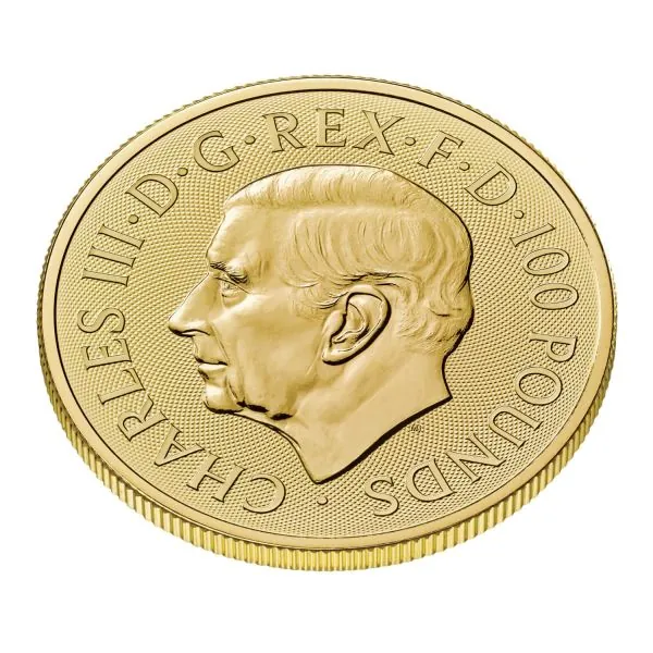 Goldmünze mit Motiv des British Lion auf der Vorderseite, Rückseite mit Porträt von König Charles III., Ausgabejahr 2025 und Feingold-Angaben, limitiert auf 5.000 Stück weltweit.