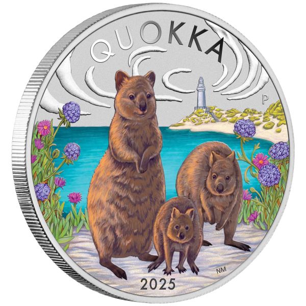 Farbenfrohe Silbermünze 2025 mit Quokka-Motiv, geliefert in Etui mit Zertifikat und Umverpackung. Ausgabe der Perth Mint, 1 Unze Feinsilber, weltweit limitiert auf 3.000 Stück.