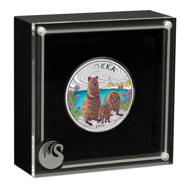 Farbenfrohe Silbermünze 2025 mit Quokka-Motiv, geliefert in Etui mit Zertifikat und Umverpackung. Ausgabe der Perth Mint, 1 Unze Feinsilber, weltweit limitiert auf 3.000 Stück.