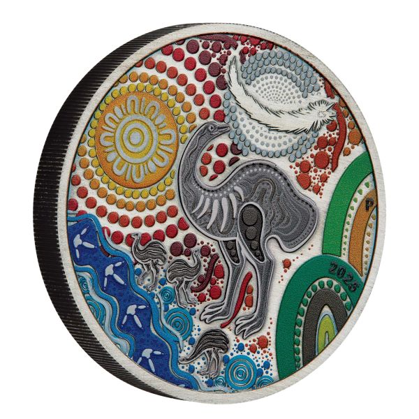 Silbermünze 2025 aus Australien mit farbigem Emu-Motiv im Antique Finish, 2 Unzen Feinsilber, Auslieferung in Etui mit Zertifikat, limitierte Auflage von 2.000 Stück.