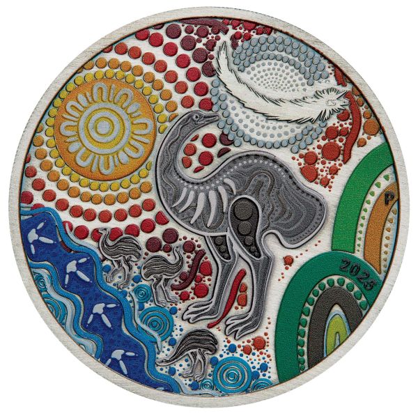 Silbermünze 2025 aus Australien mit farbigem Emu-Motiv im Antique Finish, 2 Unzen Feinsilber, Auslieferung in Etui mit Zertifikat, limitierte Auflage von 2.000 Stück.