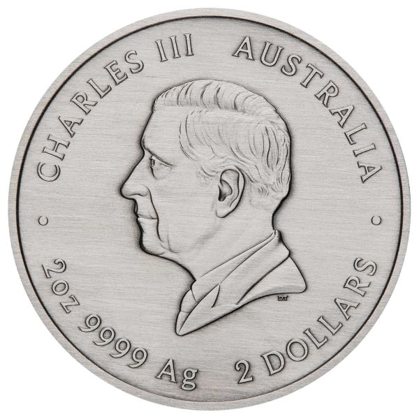 Silbermünze 2025 aus Australien mit farbigem Emu-Motiv im Antique Finish, 2 Unzen Feinsilber, Auslieferung in Etui mit Zertifikat, limitierte Auflage von 2.000 Stück.