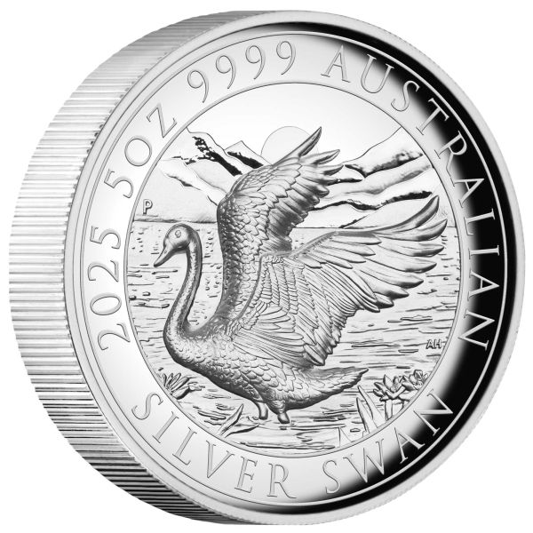 Hochwertige 5-Unzen-Silbermünze 2025 „The Swan“ der Perth Mint in High Relief und Polierter Platte. Geliefert im Etui mit Zertifikat und Umkarton, limitiert auf 500 Stück.