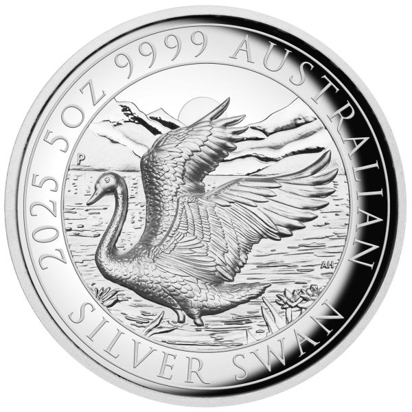 Hochwertige 5-Unzen-Silbermünze 2025 „The Swan“ der Perth Mint in High Relief und Polierter Platte. Geliefert im Etui mit Zertifikat und Umkarton, limitiert auf 500 Stück.