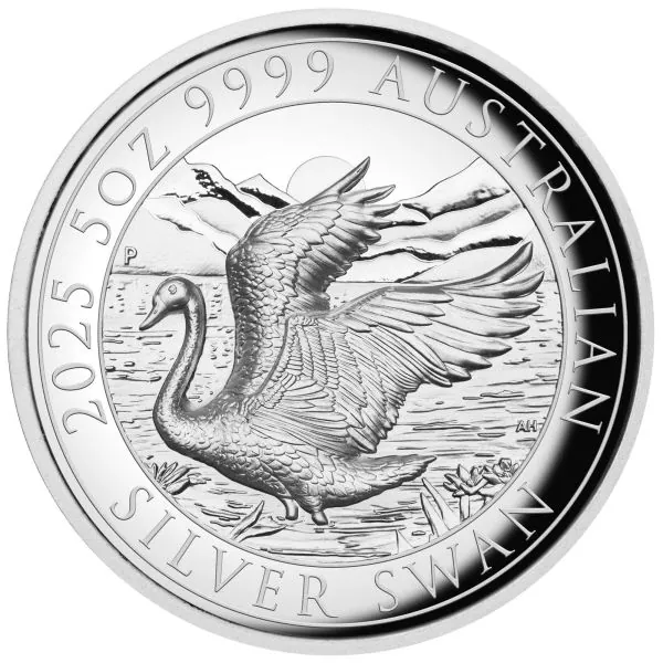 Hochwertige 5-Unzen-Silbermünze 2025 „The Swan“ der Perth Mint in High Relief und Polierter Platte. Geliefert im Etui mit Zertifikat und Umkarton, limitiert auf 500 Stück.