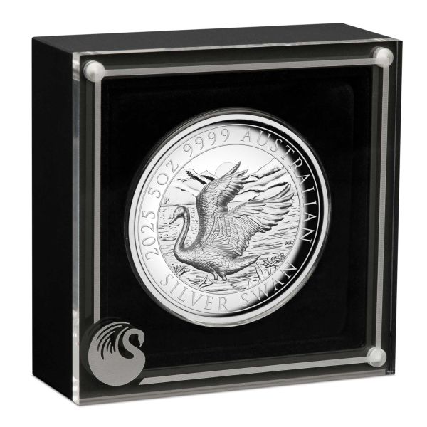 Hochwertige 5-Unzen-Silbermünze 2025 „The Swan“ der Perth Mint in High Relief und Polierter Platte. Geliefert im Etui mit Zertifikat und Umkarton, limitiert auf 500 Stück.