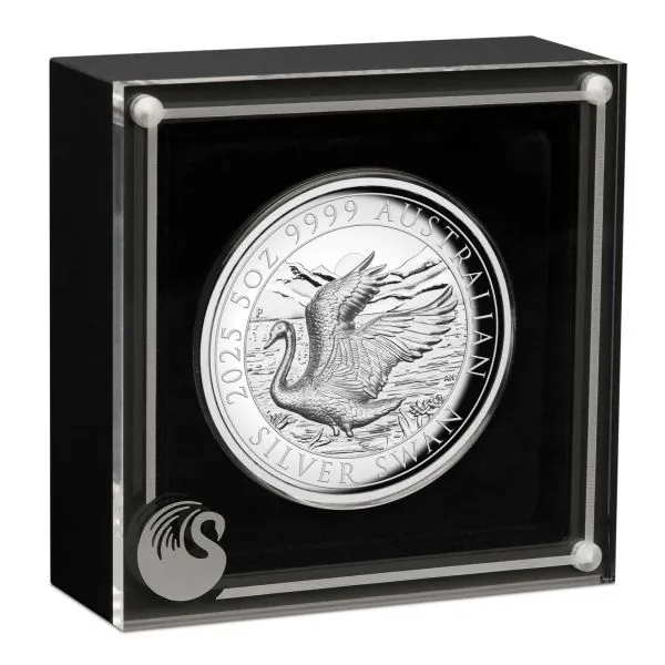 Hochwertige 5-Unzen-Silbermünze 2025 „The Swan“ der Perth Mint in High Relief und Polierter Platte. Geliefert im Etui mit Zertifikat und Umkarton, limitiert auf 500 Stück.