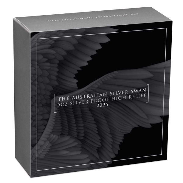 Hochwertige 5-Unzen-Silbermünze 2025 „The Swan“ der Perth Mint in High Relief und Polierter Platte. Geliefert im Etui mit Zertifikat und Umkarton, limitiert auf 500 Stück.