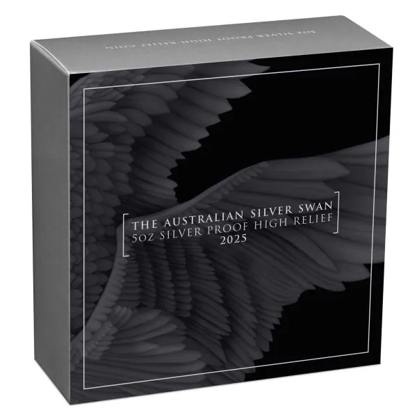 Hochwertige 5-Unzen-Silbermünze 2025 „The Swan“ der Perth Mint in High Relief und Polierter Platte. Geliefert im Etui mit Zertifikat und Umkarton, limitiert auf 500 Stück.