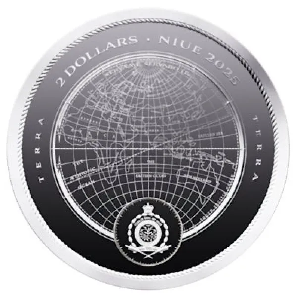 1 oz Silbermünze 2025 aus Niue mit dem Motiv Erde (TERRA), moderne Gestaltung, geprägt in 999 Feinsilber, limitierte Auflage von 20.000 Stück.