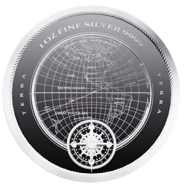 1 oz Silbermünze 2025 aus Niue mit dem Motiv Erde (TERRA), moderne Gestaltung, geprägt in 999 Feinsilber, limitierte Auflage von 20.000 Stück.