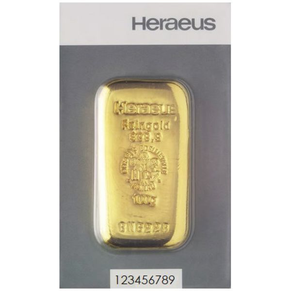 100 Gramm Goldbarren Heraeus – Neuware mit Seriennummer, gegossen im Blister, LBMA-zertifiziert