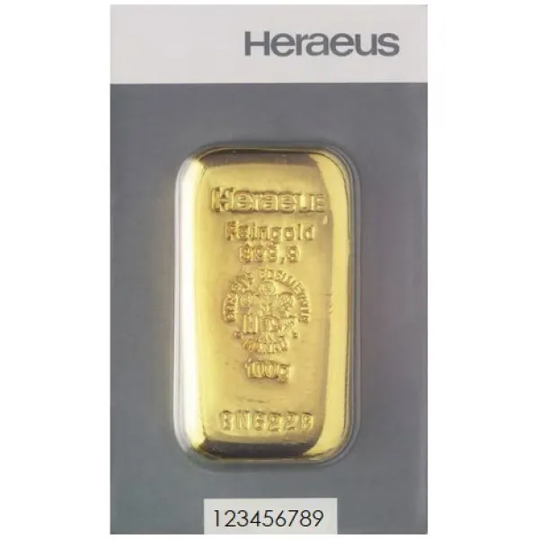 100 Gramm Goldbarren Heraeus – Neuware mit Seriennummer, gegossen im Blister, LBMA-zertifiziert