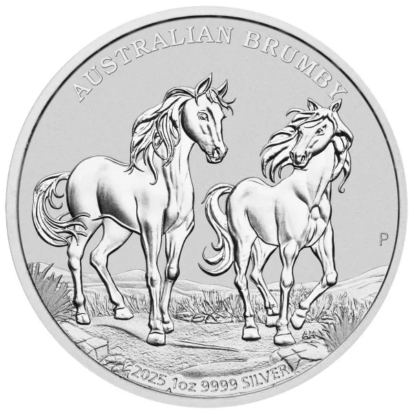 1 oz Silbermünze Australien 2025 mit Brumby-Motiv – dynamisches Wildpferd, Perth Mint, sechste Ausgabe der Serie.