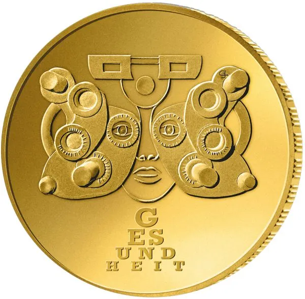 50-Euro-Goldmünze Deutschland 2025, Prägezeichen A – Motiv „Gesundheit“ aus der Serie „Deutsches Handwerk“, in Goldfarbe mit medizinischen Symbolen
