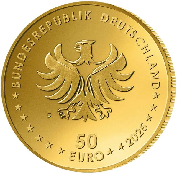 50-Euro-Goldmünze Deutschland 2025, Prägezeichen A – Motiv „Gesundheit“ aus der Serie „Deutsches Handwerk“, in Goldfarbe mit medizinischen Symbolen