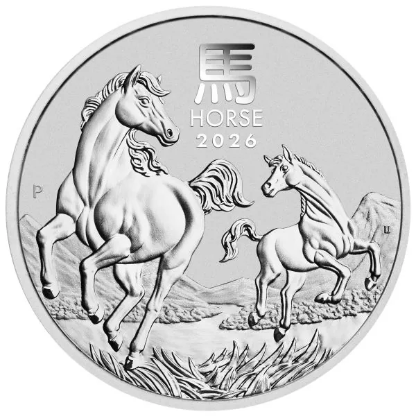 „1 Unze Silbermünze Australien 2026 Lunar Serie III mit Pferd-Motiv, geprägt von der Perth Mint, Vorderseite mit Königinnenportrait, Rückseite mit detailreichem Pferdedesign, Ausgabe limitiert auf 300.000 Stück.“