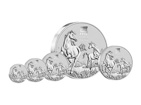 „1 Unze Silbermünze Australien 2026 Lunar Serie III mit Pferd-Motiv, geprägt von der Perth Mint, Vorderseite mit Königinnenportrait, Rückseite mit detailreichem Pferdedesign, Ausgabe limitiert auf 300.000 Stück.“