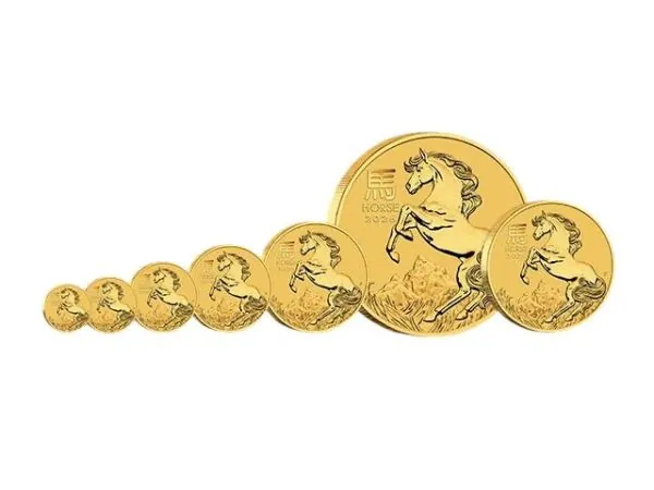 „1 Unze Platinmünze Australien 2026 Lunar Serie III mit Pferd-Motiv, geprägt von der Perth Mint, Vorderseite mit Königinnenportrait, Rückseite mit detailreichem Pferdedesign, weltweit auf 5.000 Exemplare limitiert.“
