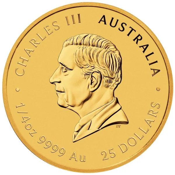 1/4 Unze Goldmünze Australien 2026 Lunar Serie III mit Pferd-Motiv, geprägt von der Perth Mint, Vorderseite mit Porträt der Königin, Rückseite mit detailreicher Darstellung eines Pferdes.