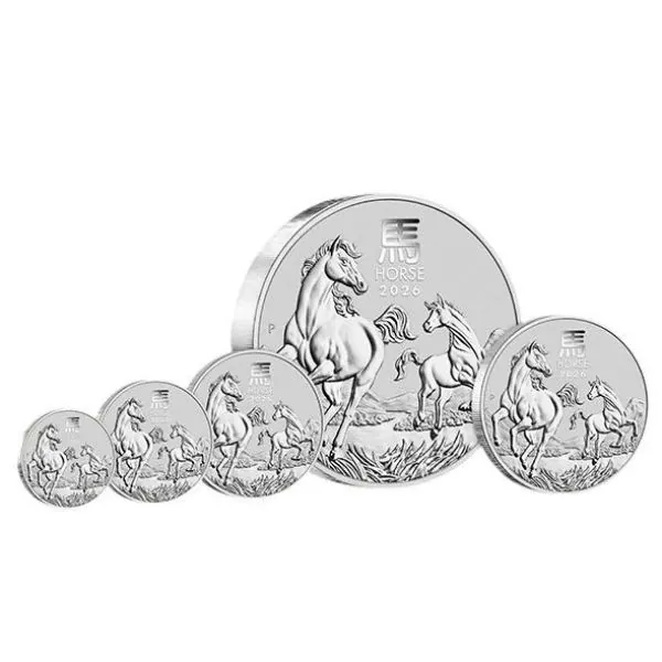 1/4 Unze Goldmünze Australien 2026 Lunar Serie III mit Pferd-Motiv, geprägt von der Perth Mint, Vorderseite mit Porträt der Königin, Rückseite mit detailreicher Darstellung eines Pferdes.